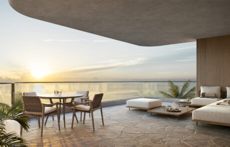 Perspective 3D 8K d'une terrasse couverte d'exception au coucher du soleil avec mobilier contemporain et vue panoramique sur la mer.