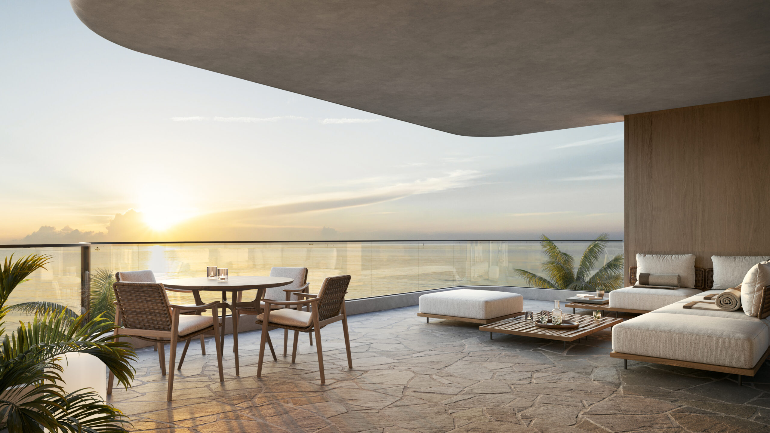 Perspective 3D 8K d'une terrasse couverte d'exception au coucher du soleil avec mobilier contemporain et vue panoramique sur la mer.