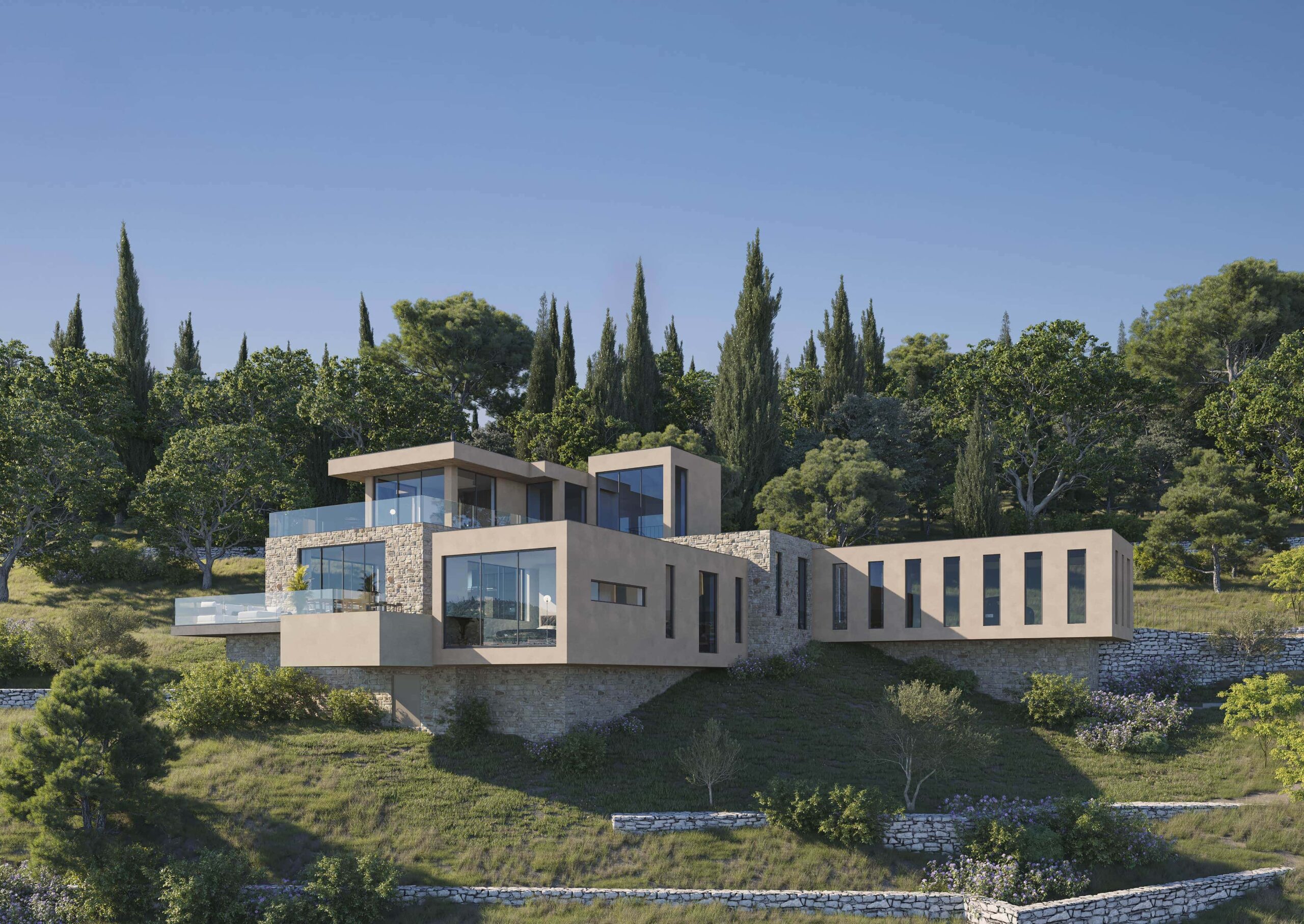 Vue d'ensemble 3D de l'architecture d'une villa contemporaine à plusieurs niveaux implantée sur une colline à Fayence.