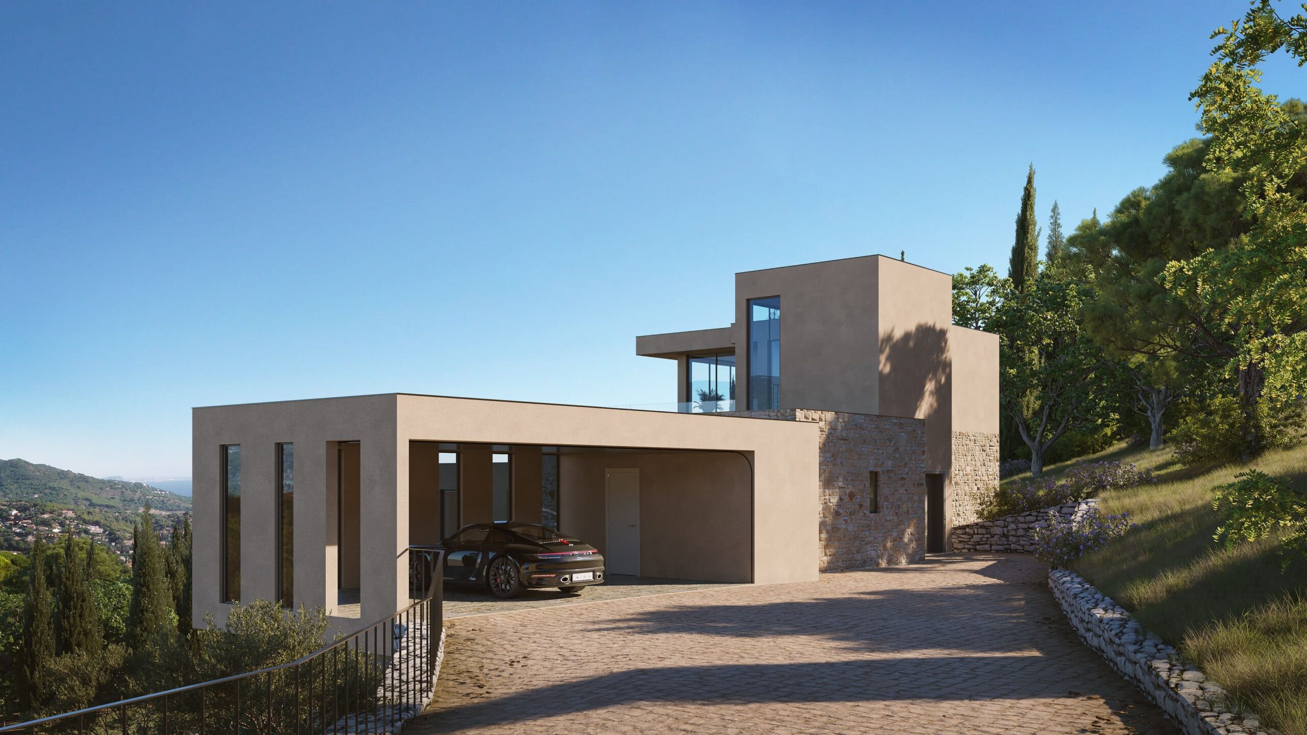 Visualisation 3D de l'accès principal et du carport d'une villa de prestige avec voiture de sport intégrée à Fayence.